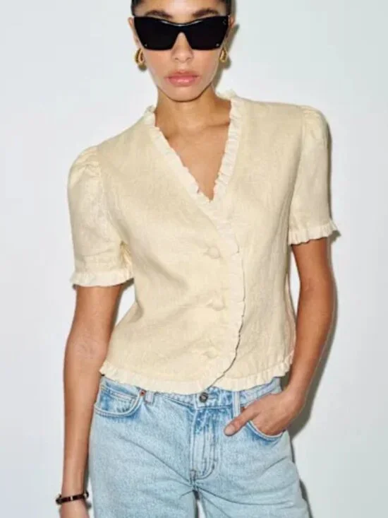 Reformation Bess Linen Top Sugar White Ruffle Button Front 100% Linen Size Large - Picture 7 of 9